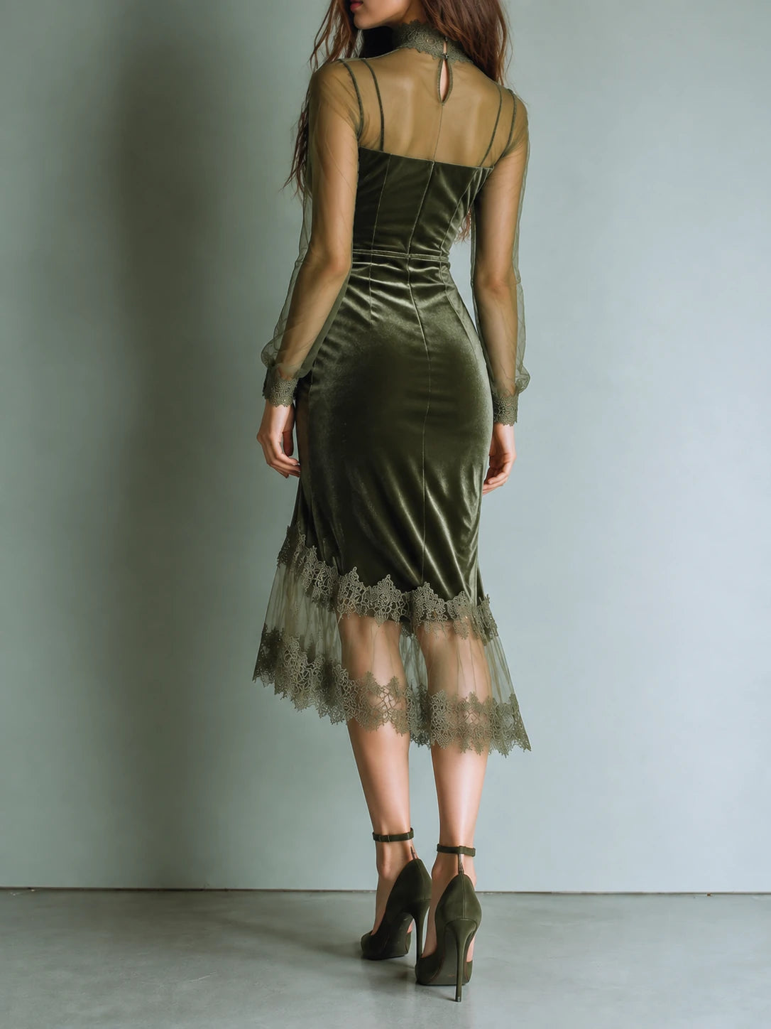Elegant Sheer Long Sleeves Olive Velvet Midi Dress With Lace-Trim