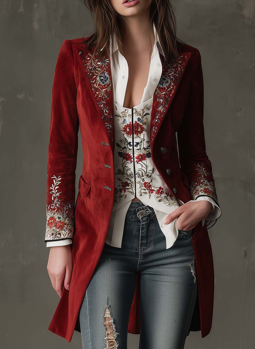 Regal Bohemian Elegance Embroidered Suede Long Blazer
