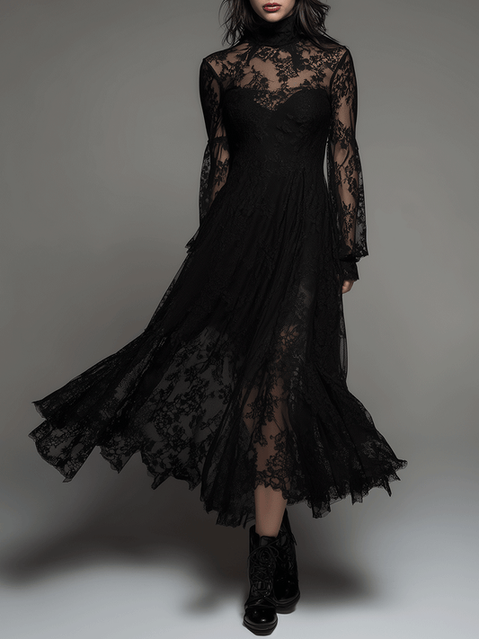 Gothic Elegance Black Victorian Lace Maxi Dress