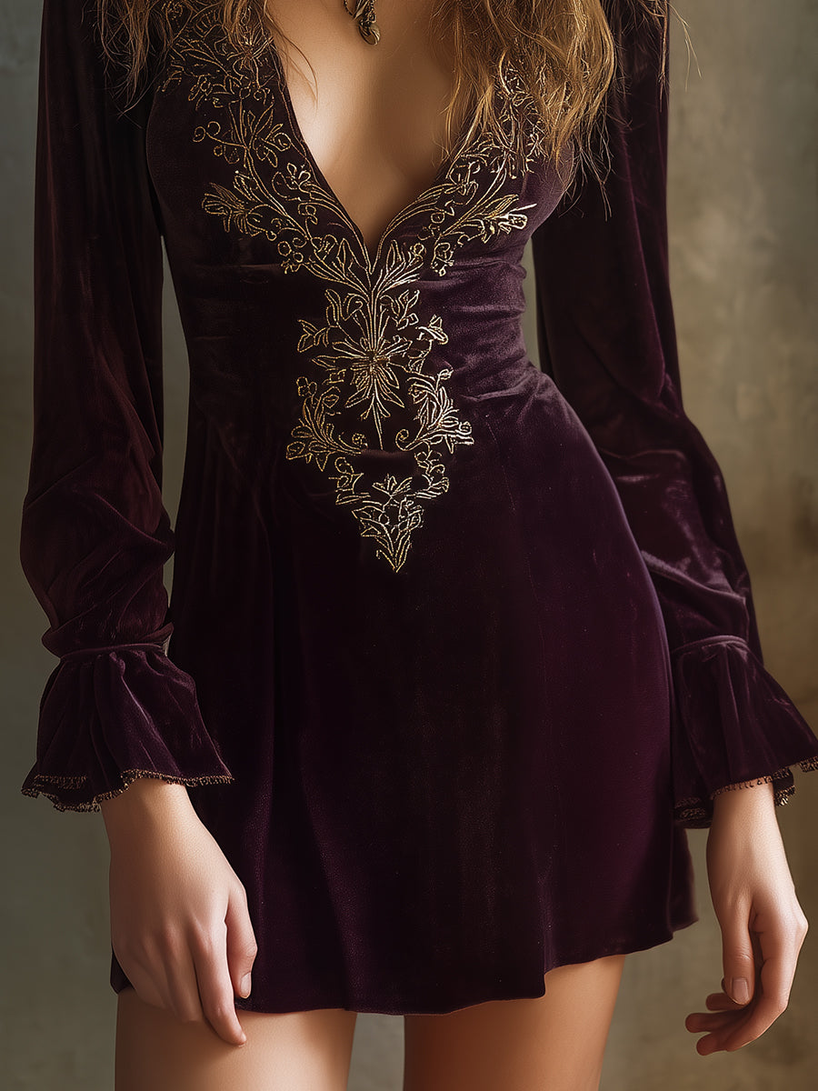 Quiet Luxury Baroque Embroidered Polyester Velvet Ruffle Mini Dress