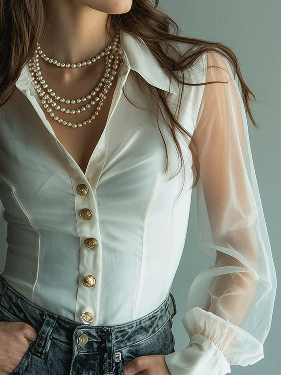 Vintage Gold Button Satin Tulle Fusion Shirt