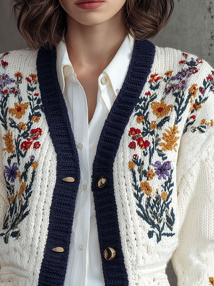Women’s White Knit Cardigan – Floral Yoke Embroidery & Brass Button Sweater With Navy Collar