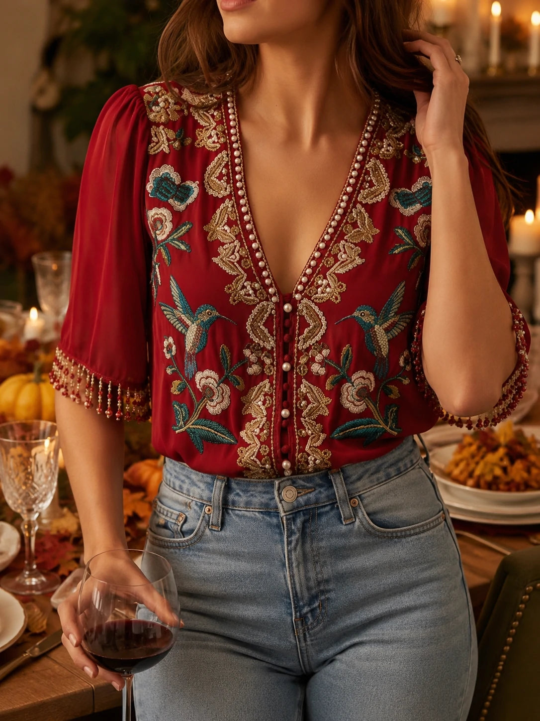 Elegant Embroidered V-Neck Blouse - Hummingbird & Floral Design