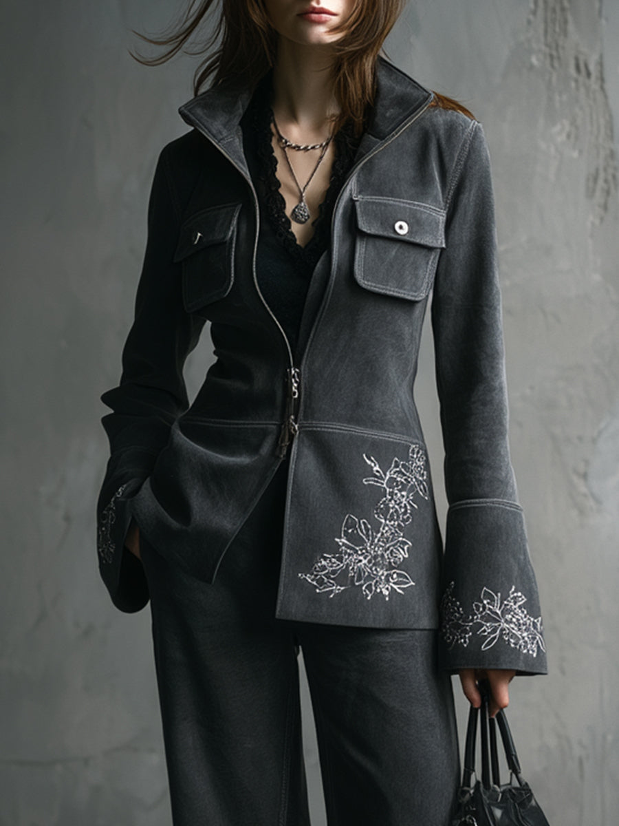 Vintage Suede Embroidered Flap Pocket Bell Sleeve Jacket