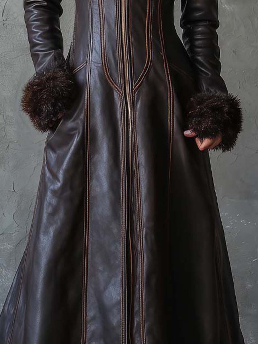 Vintage Brown Eco-Leather Maxi Coat With Fur Trim – Quiet Luxury Toscana Edition