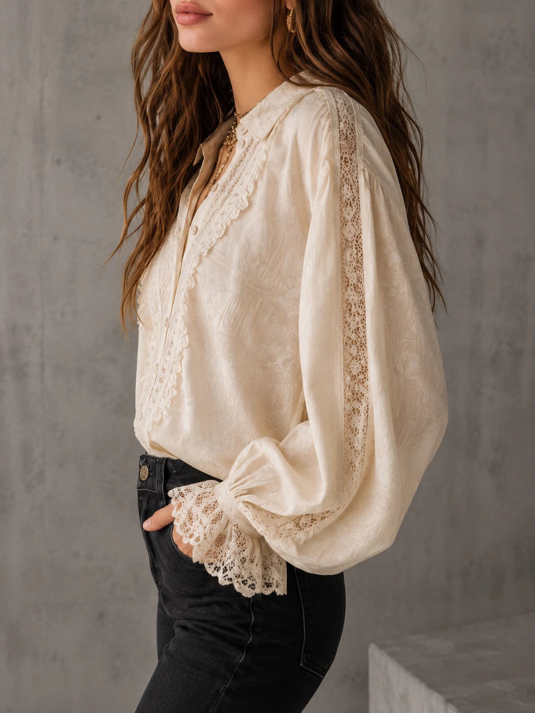 Romantic Victorian-Inspired Cream Print Lace Blouse