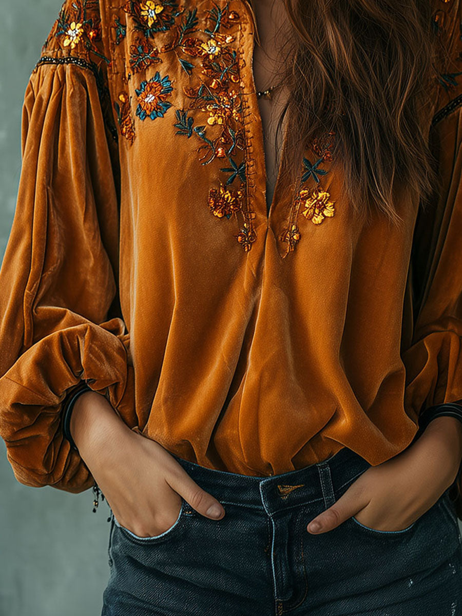 Boho Mustard Yellow Embroidered Velvet Blouse