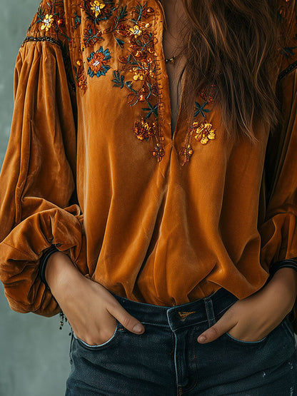 Boho Mustard Yellow Embroidered Velvet Blouse