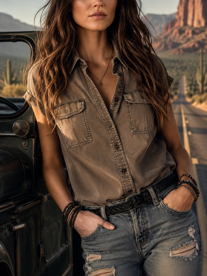Retro Contrast Stitching Pocket Short-Sleeved Shirt