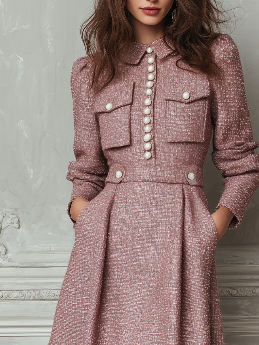 Vintage Pocket Tweed Long-Sleeved Midi Dress