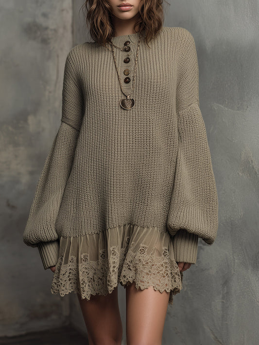 Vintage Nomad Whisper Knit-Lace Layered Mini Dress