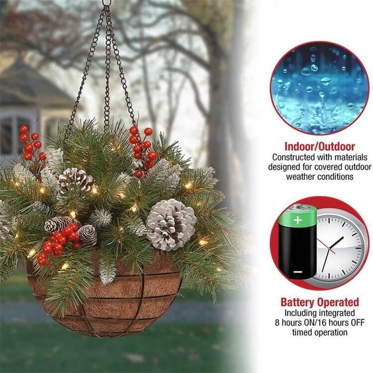 Christmas Hanging Basket - Flocked with Mixed Decorations and White LED Lights - Frosted Berry