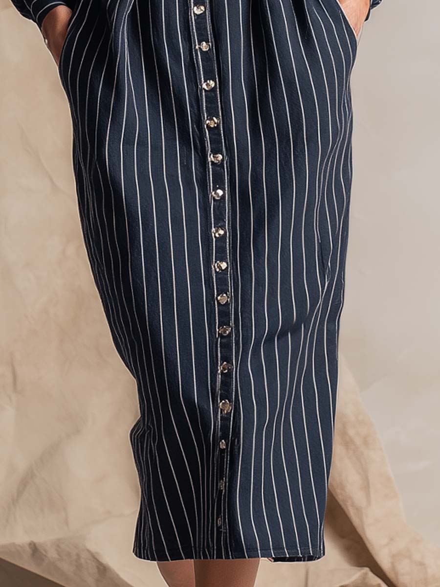 Vintage Navy Workwear Lapel Straight Belted Midi Dress