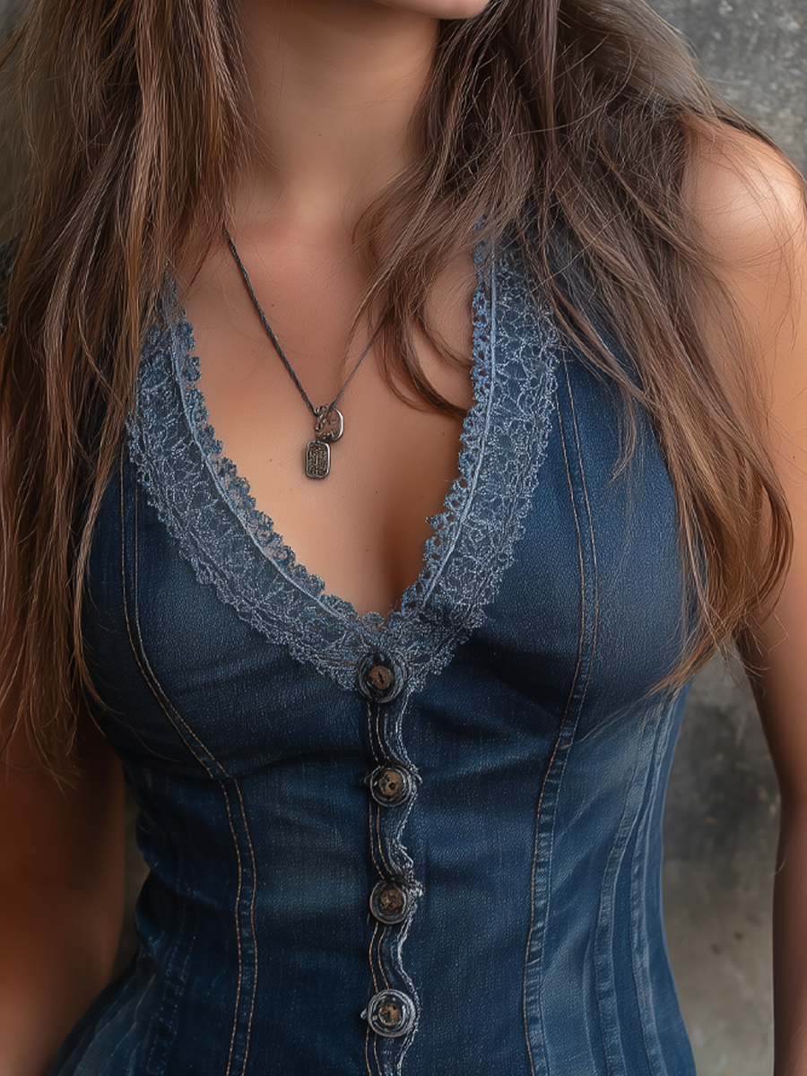 Vintage Lace Trim Denim Vest