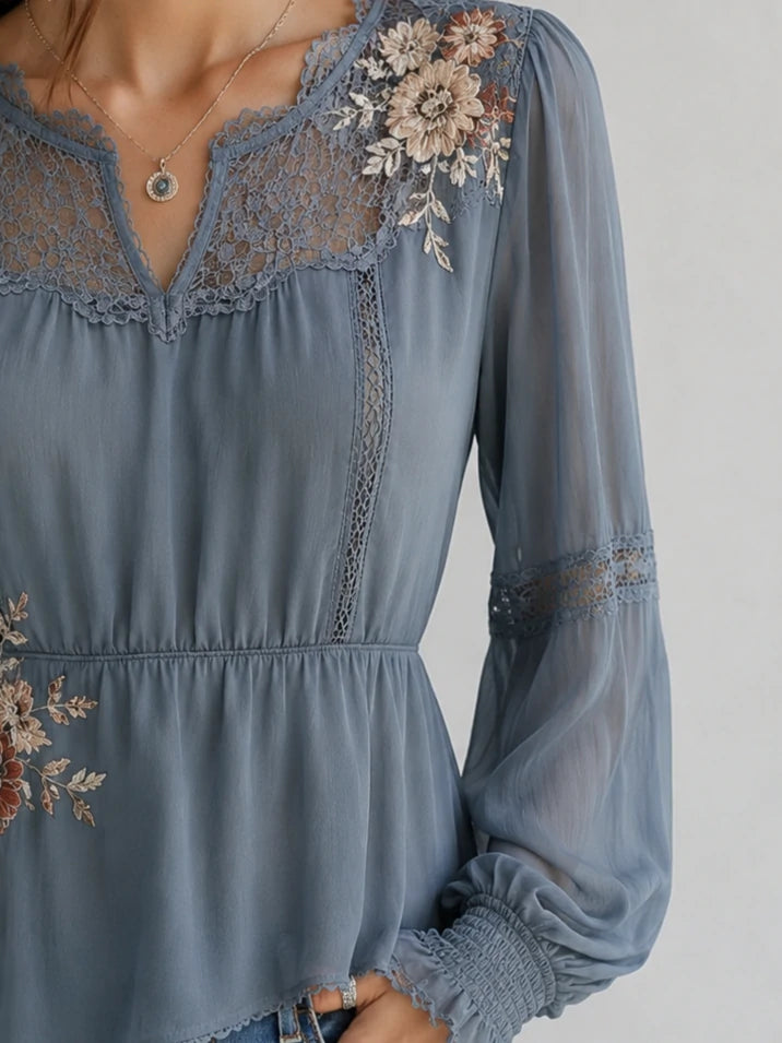Dusty Blue Lace Floral Embroidery Peplum Top