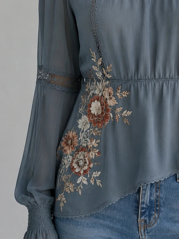 Dusty Blue Lace Floral Embroidery Peplum Top
