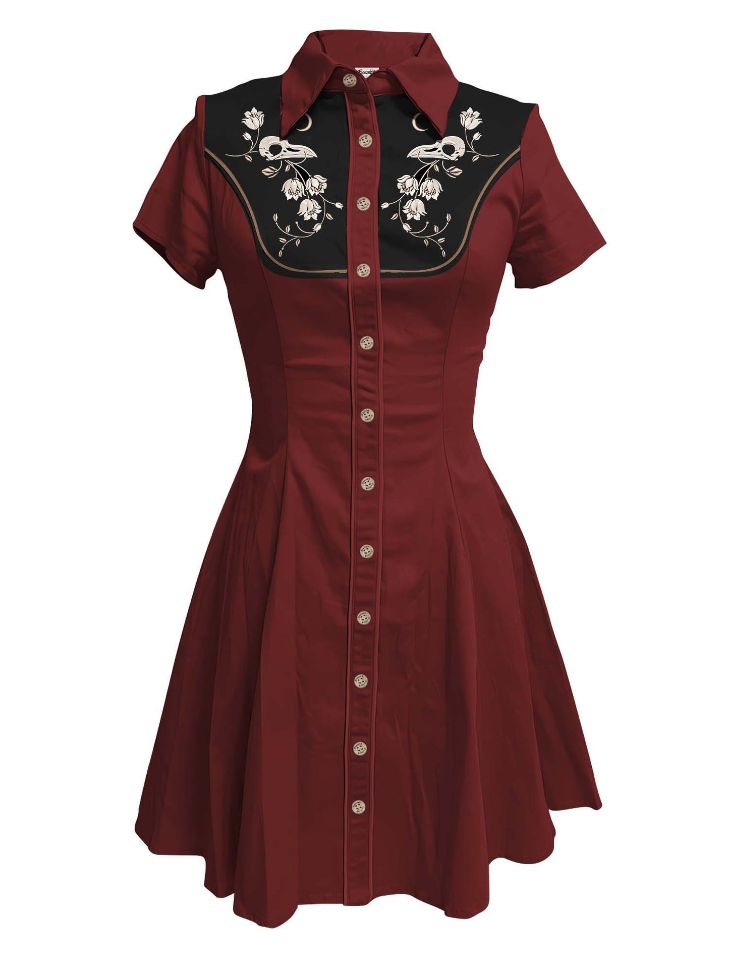 [Embroidery]Skeleton Crow Head And Flower - 100% Cotton Dress
