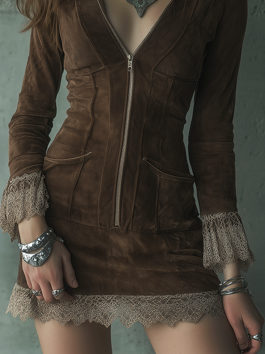Retro Brown Suedewith Lace Trim And Zip Front Mini Dress
