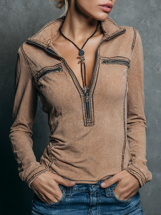 Retro Half Zip Collar Pocket Blouse