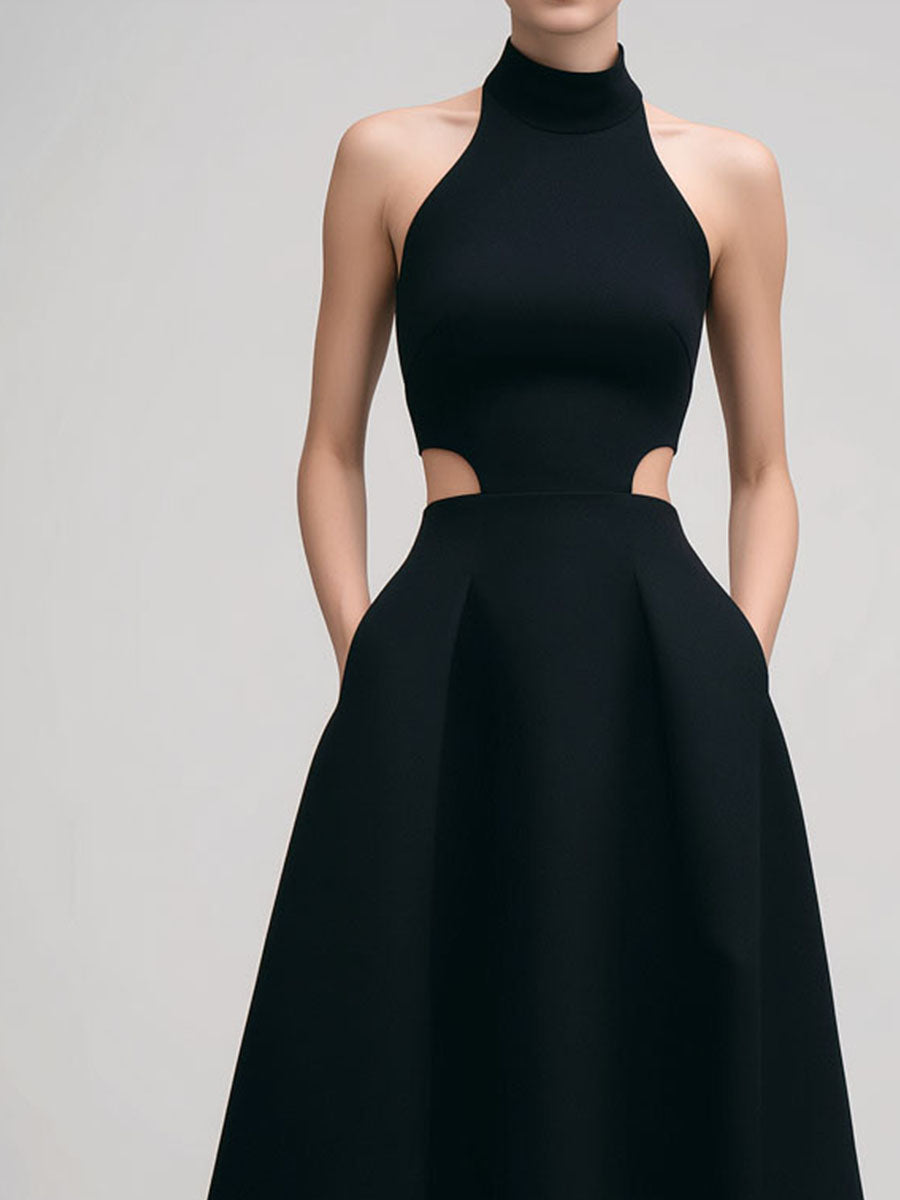 Elegant High-Neck Black Cutout Halter Evening Midi Dress – BCSHARED