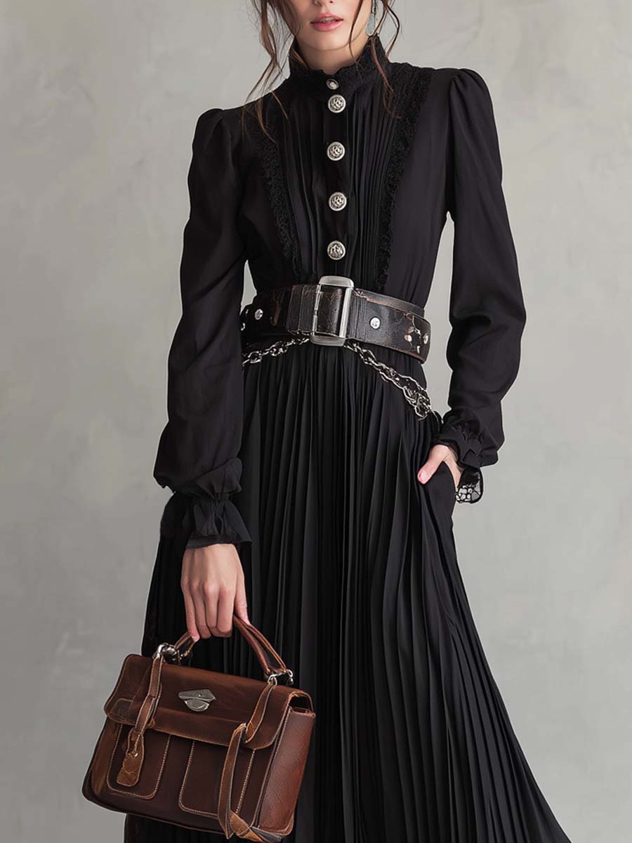 Vintage Button Lace Hem Pleated Midi Dress