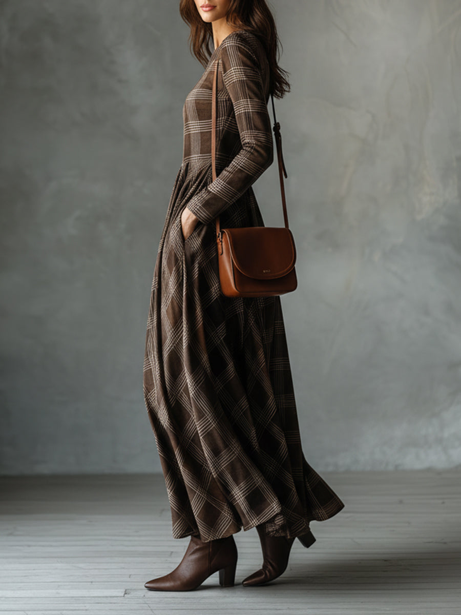 Bohemian Round Neck Plaid Brushed Material Maxi Dress