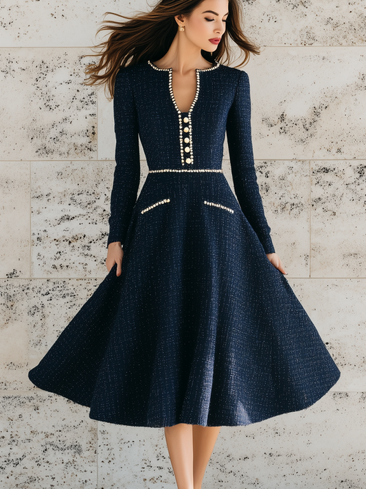 Vintage Chanel Style Contrasting Trim Tweed Midi Dress