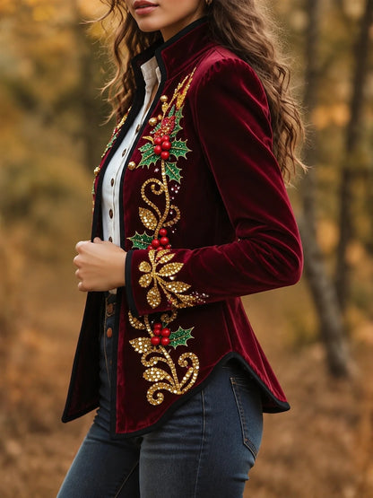 Women's Vintage Western Christmas Embroidered Beads Blazer