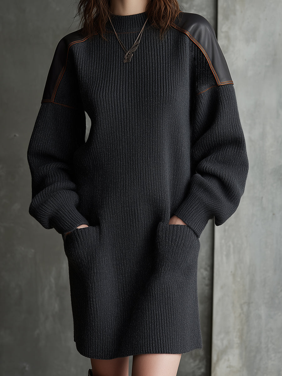 Eclipse Rider Knit Mini Dress With Leather Shoulder Panels