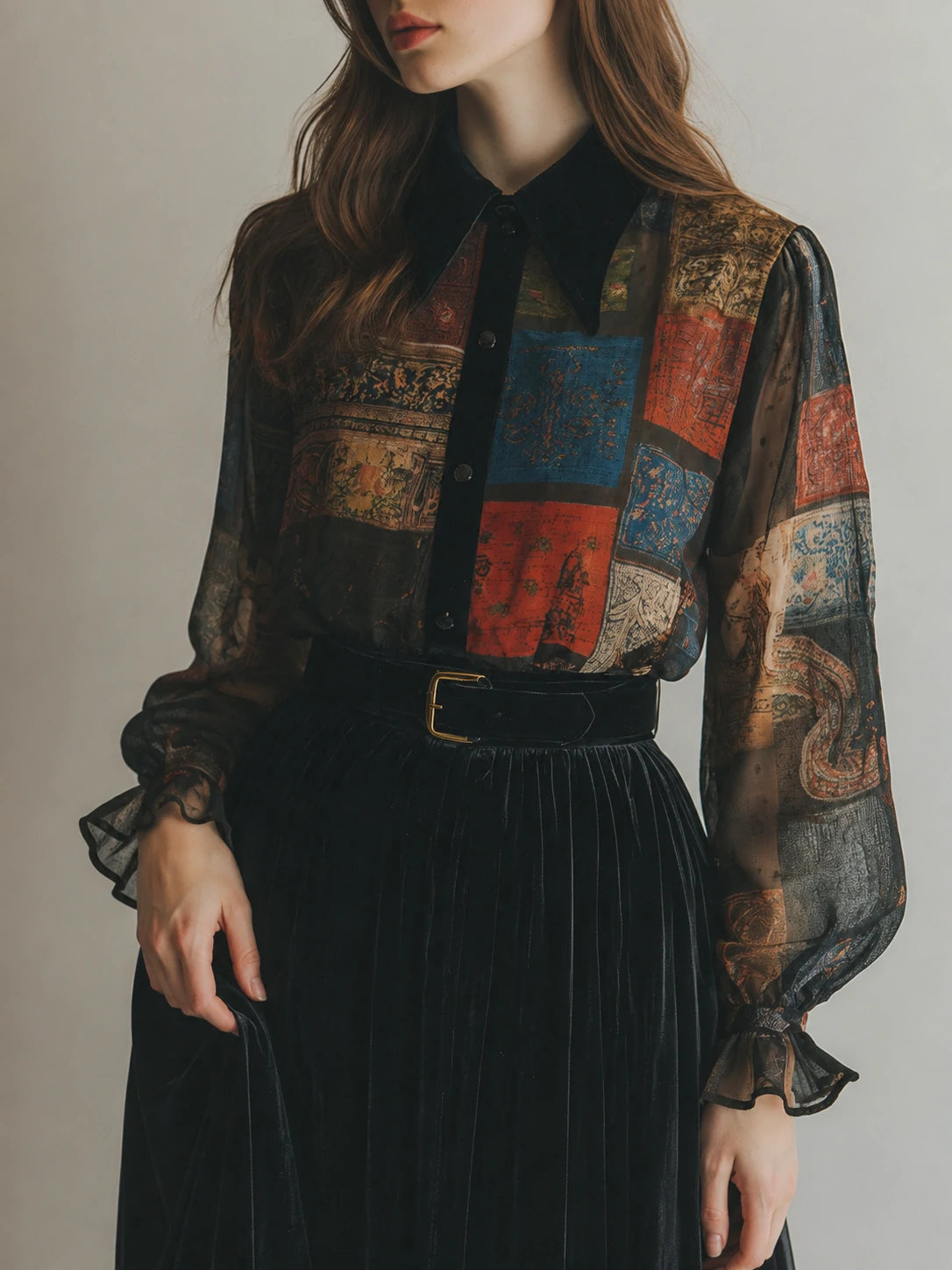 Retro Printed Velvet Patchwork Chiffon Balloon Sleeve Blouse