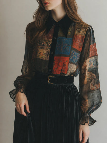 Retro Printed Velvet Patchwork Chiffon Balloon Sleeve Blouse