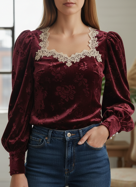The Velvet Damask Square Neck Blouse with Lace Trim