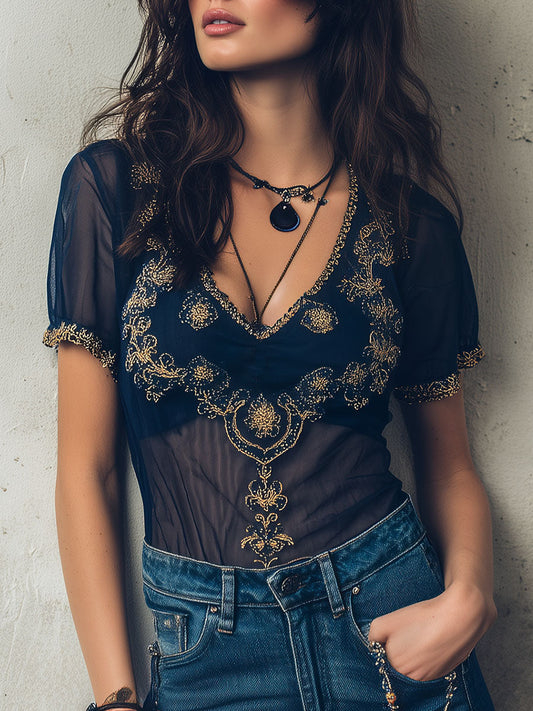 Navy Baroque Embroidered Sheer Short Sleeve Blouse