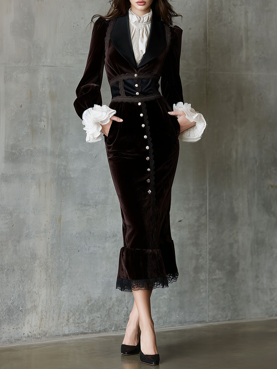Elegant Structured Velvet Lace Midi Dress With Satin Lapel
