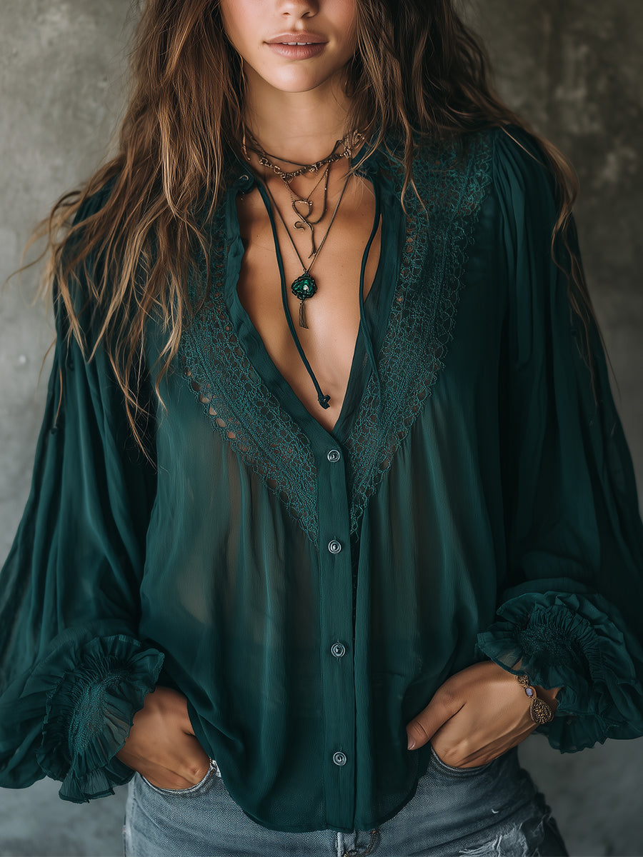 Quiet Luxury Chiffon Lace Splicing Tie Neckline Blouse