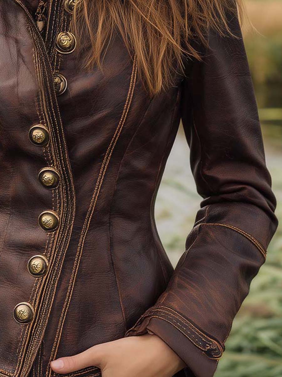 Vintage Fitted Brown Leather Blazer With Contrast Stitching
