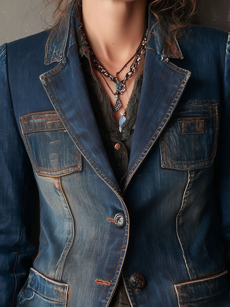 Vintage Washed Denim Patch Pocket Blazer