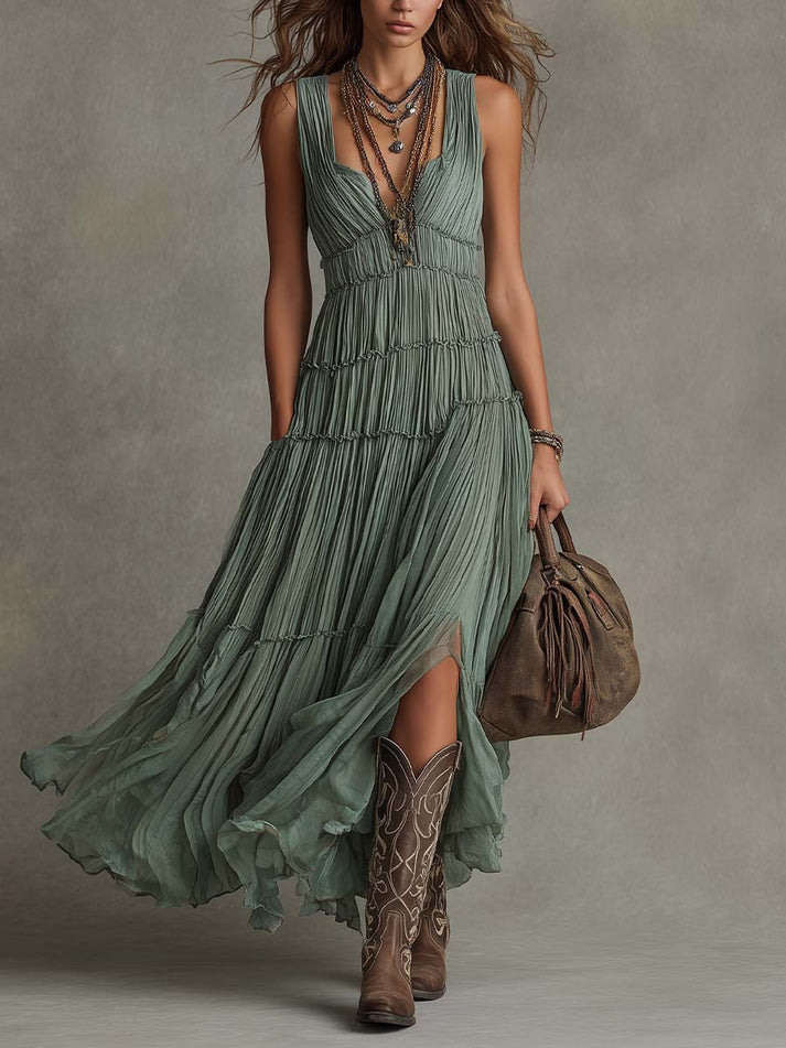 Bohemian Pleated Chiffon Tiered Maxi Dress