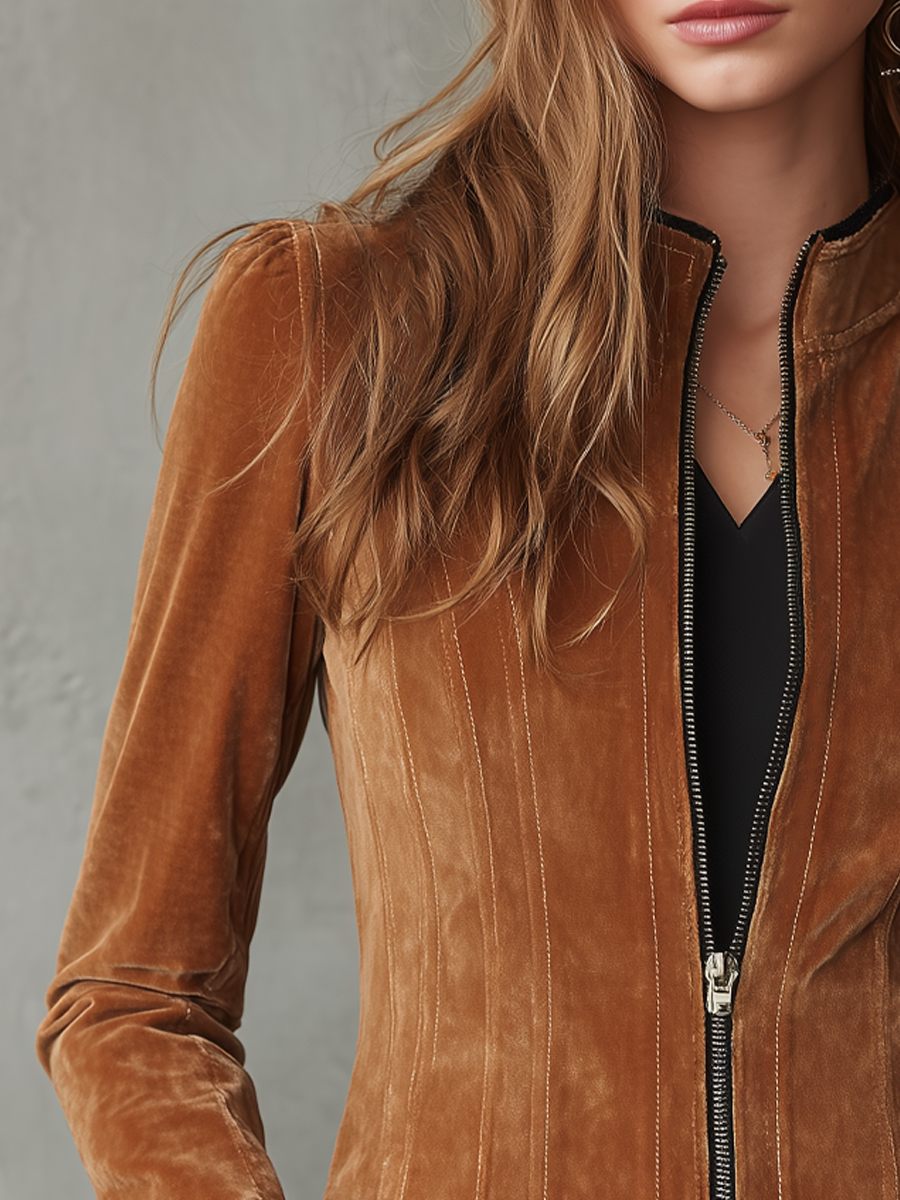Retro Contrast Color Trim Zipper Velvet Jacket