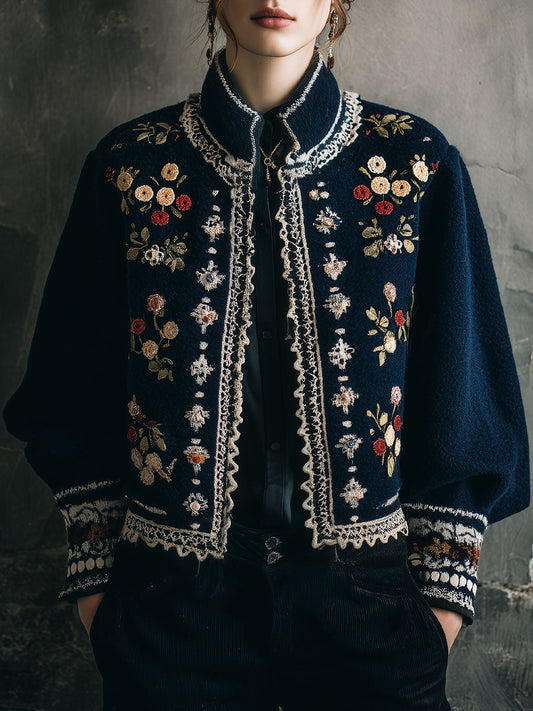 Vintage Bohemian Floral Embroidered Wool Jacket With Lace Trim