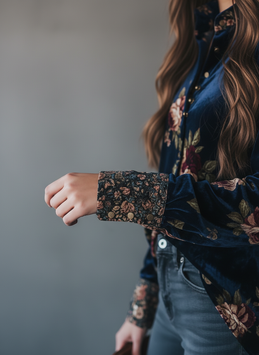 Retro Gold Velvet Floral Print Button-Up Blouse