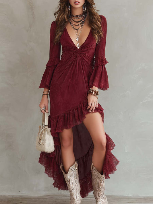 Vintage-style Irregular Hem Lace Trim Polyester Suede Midi Dress