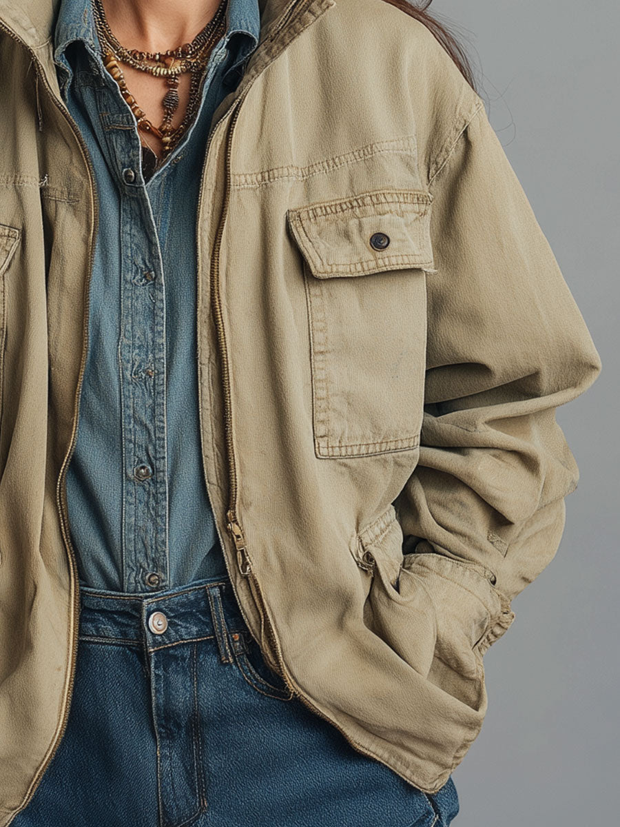 Retro High Collar Front Zip Cargo Pocket Jacket