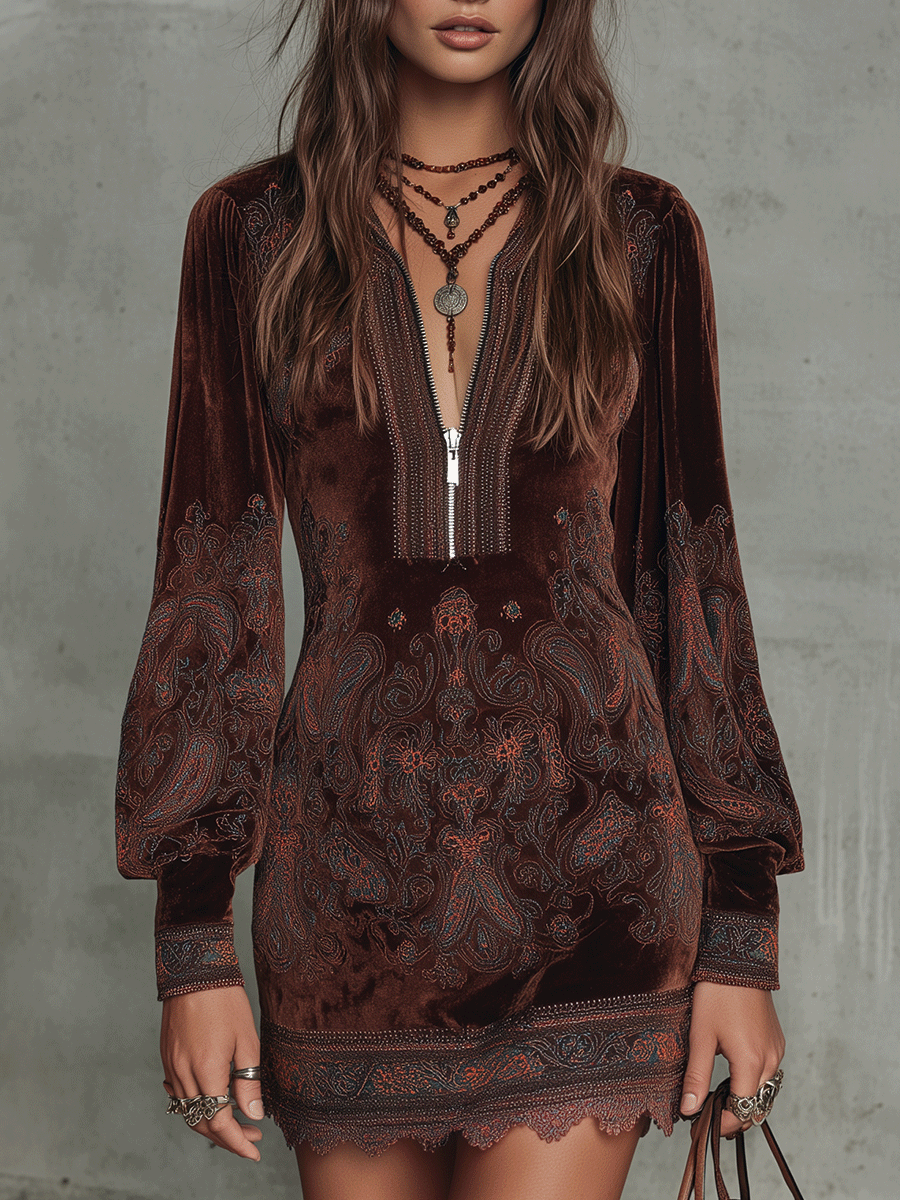 Vintage Brown Paisley Velvet Boho Print Bodycon Mini Dress