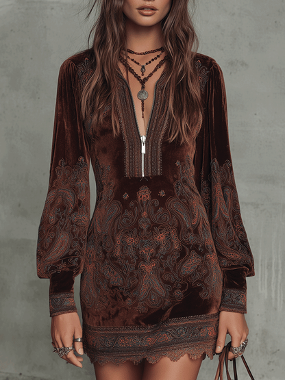 Vintage Brown Paisley Velvet Boho Print Bodycon Mini Dress