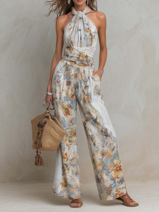 Bohemian Halter Floral & Stripe Wide-Leg Jumpsuit With Ruched Waist