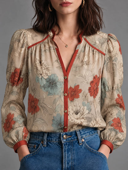 Vintage Botanical Puff Sleeve Blouse