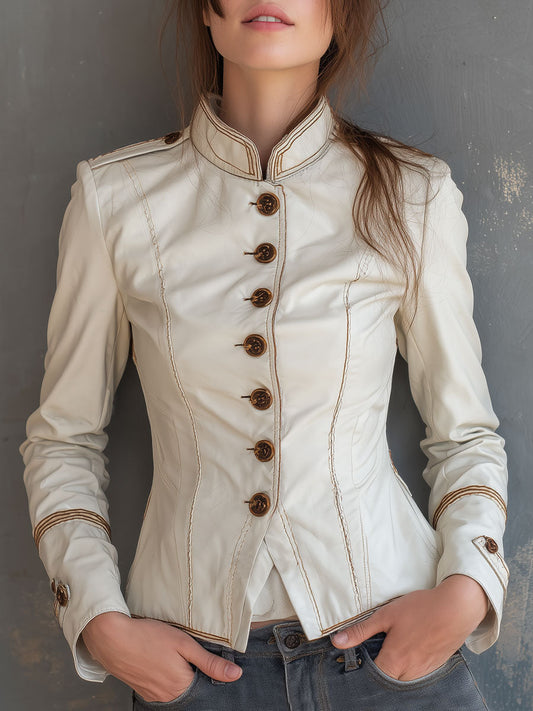 Retro Stand Collar Topstitched Pu Jacket