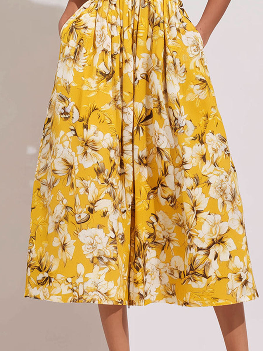 Boho Halter Yellow Botanical Print A-Line Cutout Midi Dress With Pockets