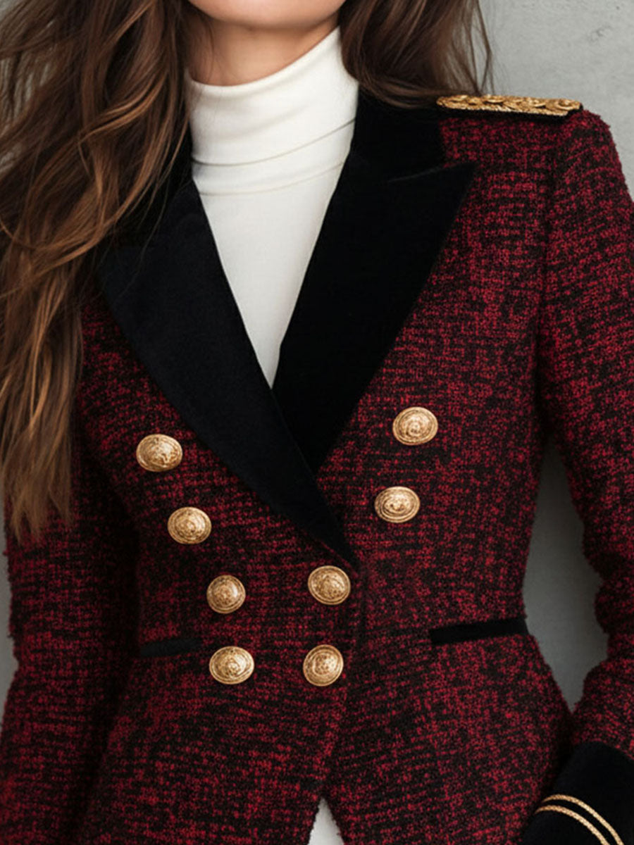 Vintage Velvet Lapel Burgundy Tweed Military Blazer